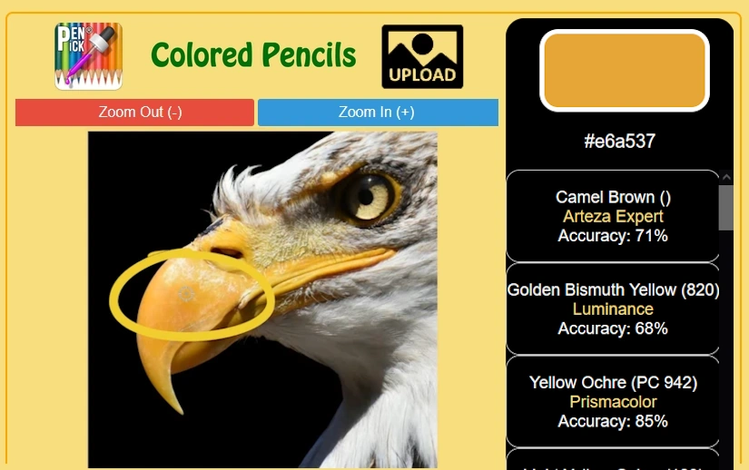 Screenshot of the Penpick app with an upload button, zoom in/out options, and a selected reference photo.