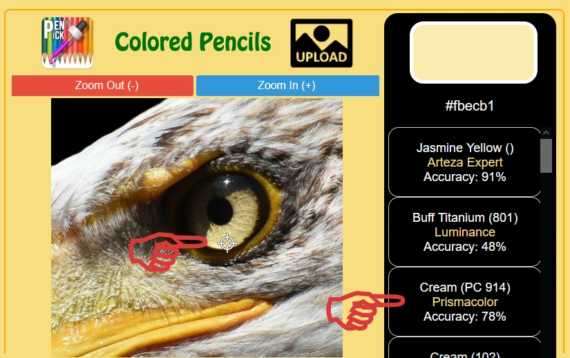 Zoomed-in view of the eagle's eye in the PenPick app, showing the iris and the recommended colored pencil, Cream by Prismacolor Premier, with 78% accuracy.