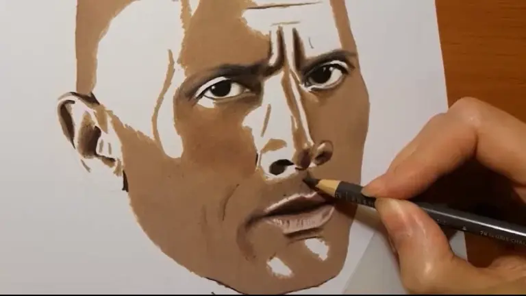 artist draws portrait face skin with colored pencil demonstration in real-time