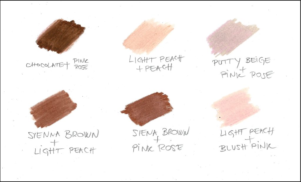 Layered skin tones created with Prismacolor Premier colored pencils, showing how different shades blend through color layering techniques