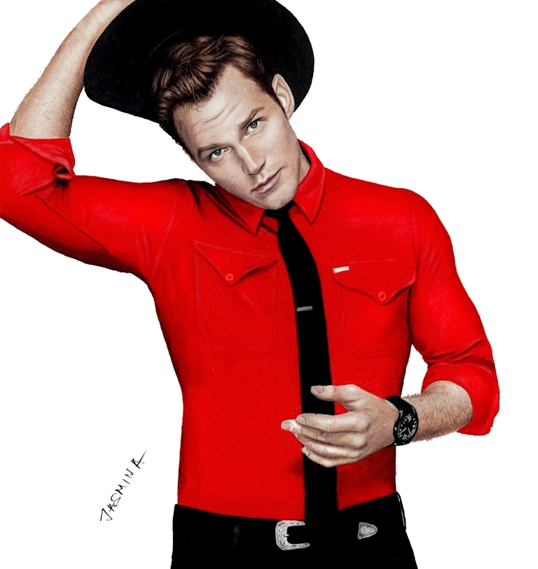 colored pencil drawing of actor portrait face body hands hat arms
