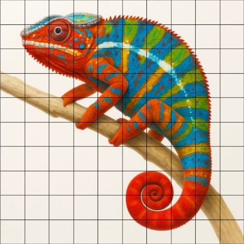 chameleon photograph with grid over it
